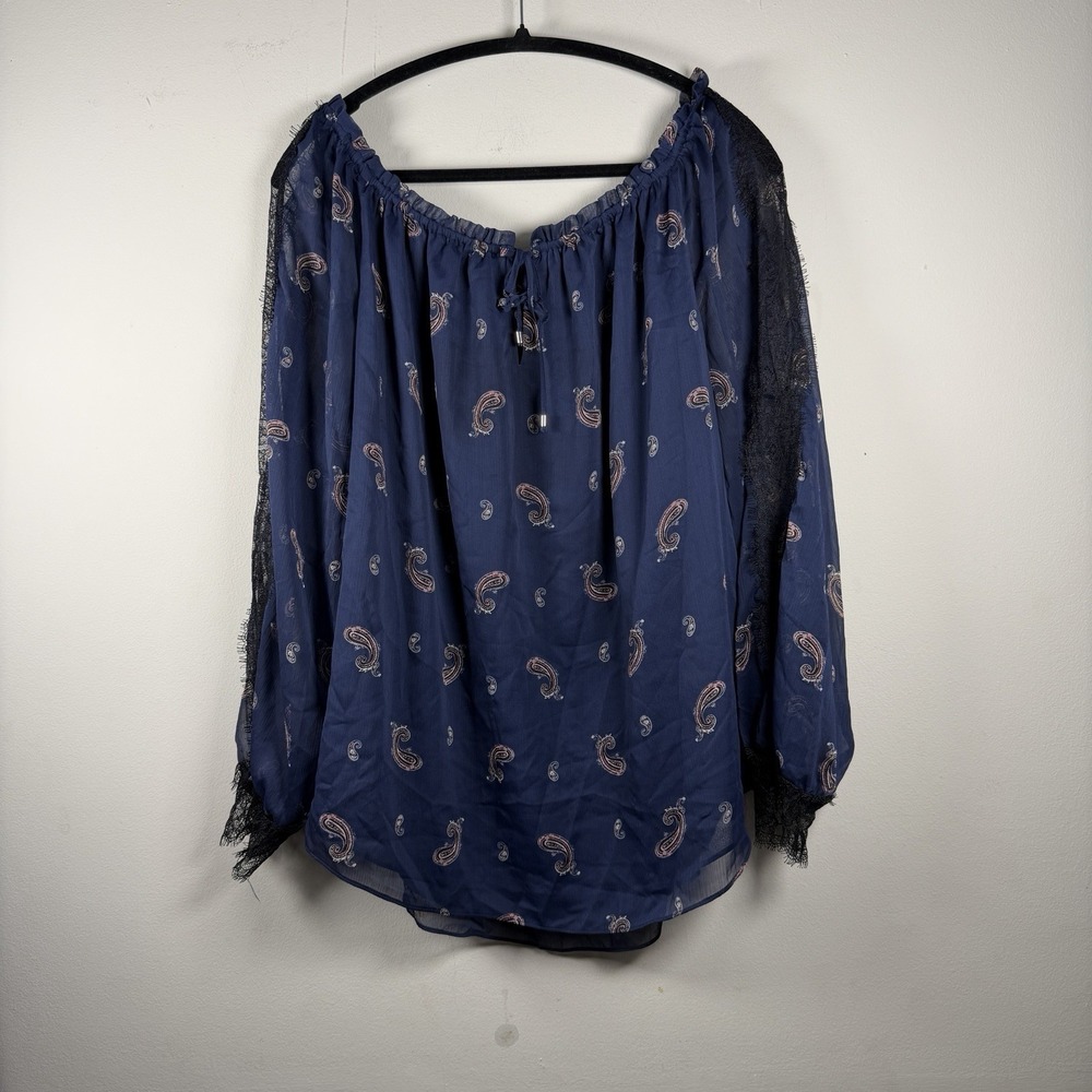 White House Black Market Women Top 2X Navy Blue‎ Paisley Peasant Lace Blouse